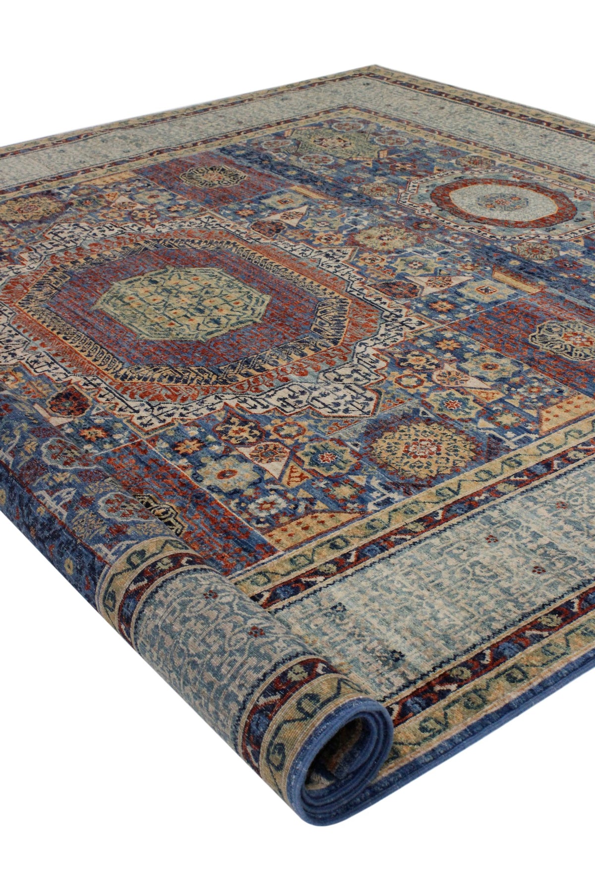8x10 Ivory and Blue Turkish Tribal Rug