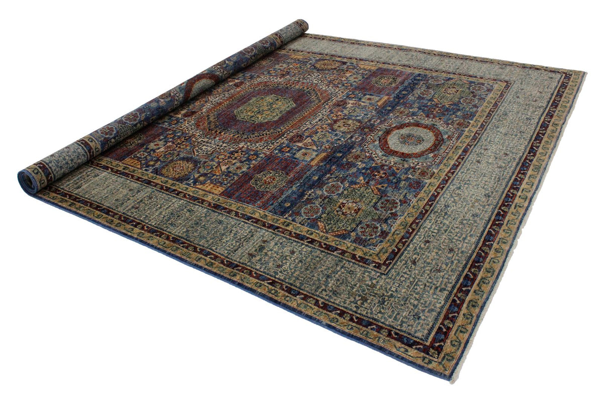 8x10 Ivory and Blue Turkish Tribal Rug