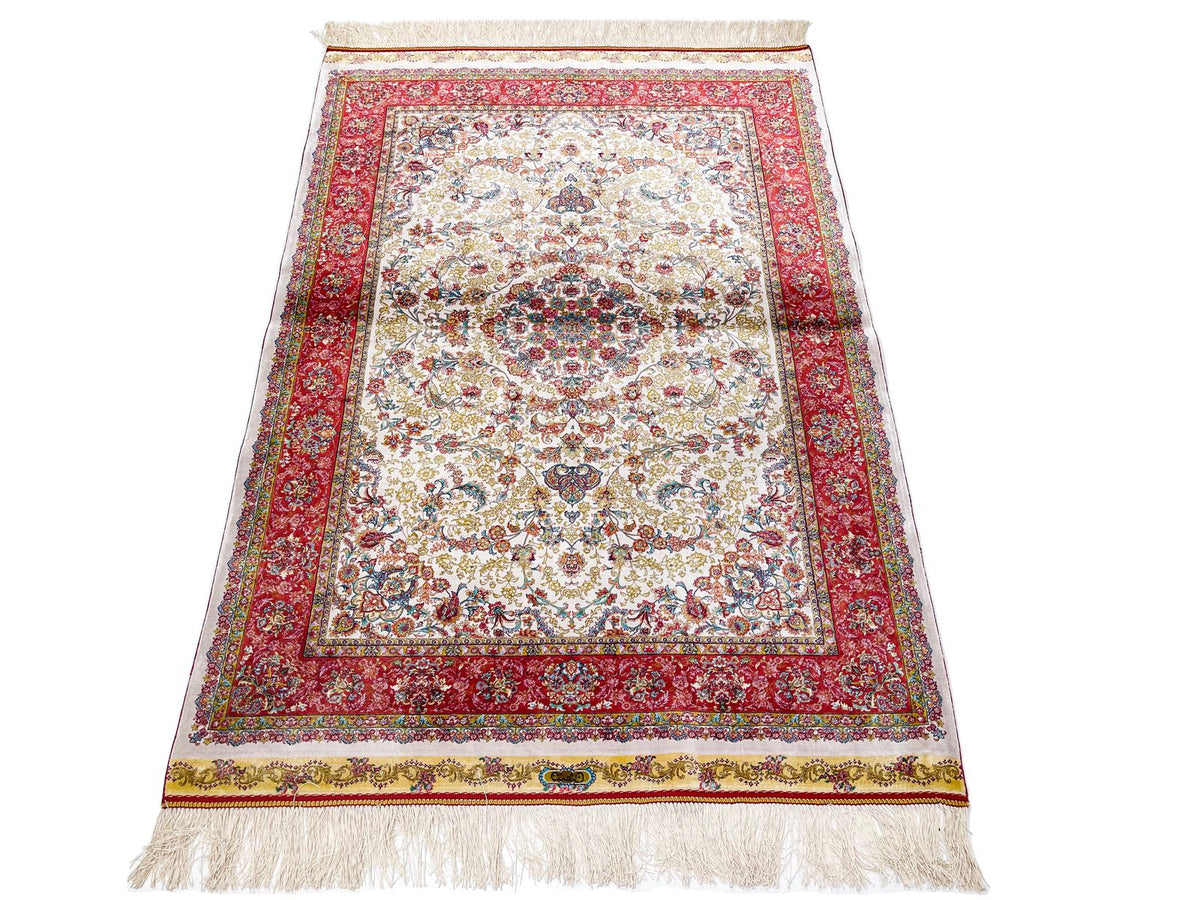 3x5 Ivory and Pink Turkish Silk Rug