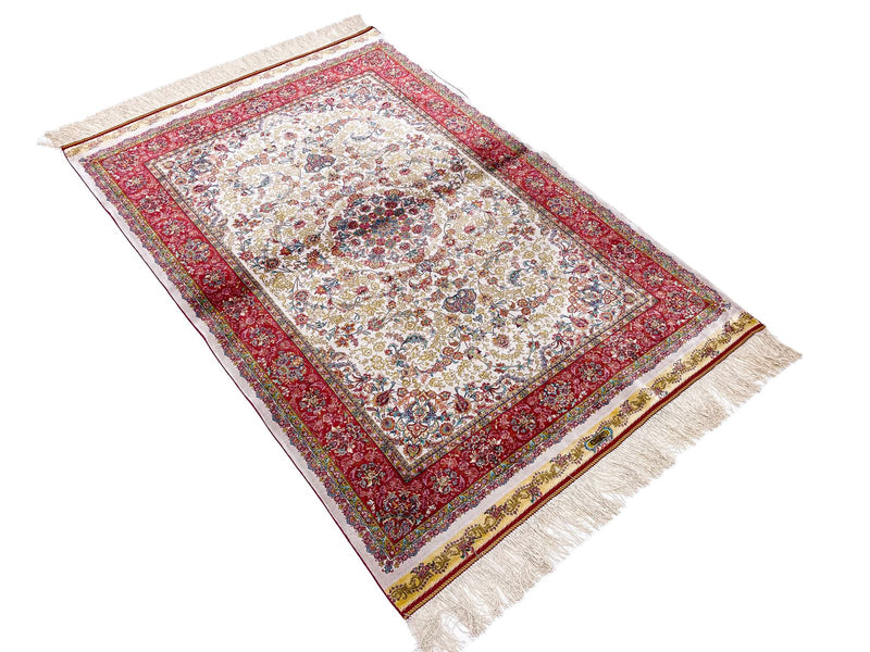 3x5 Ivory and Pink Turkish Silk Rug