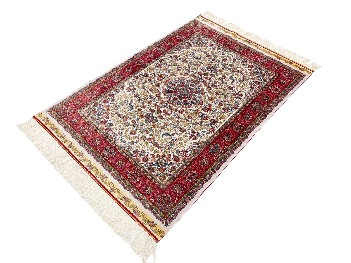 3x5 Ivory and Pink Turkish Silk Rug