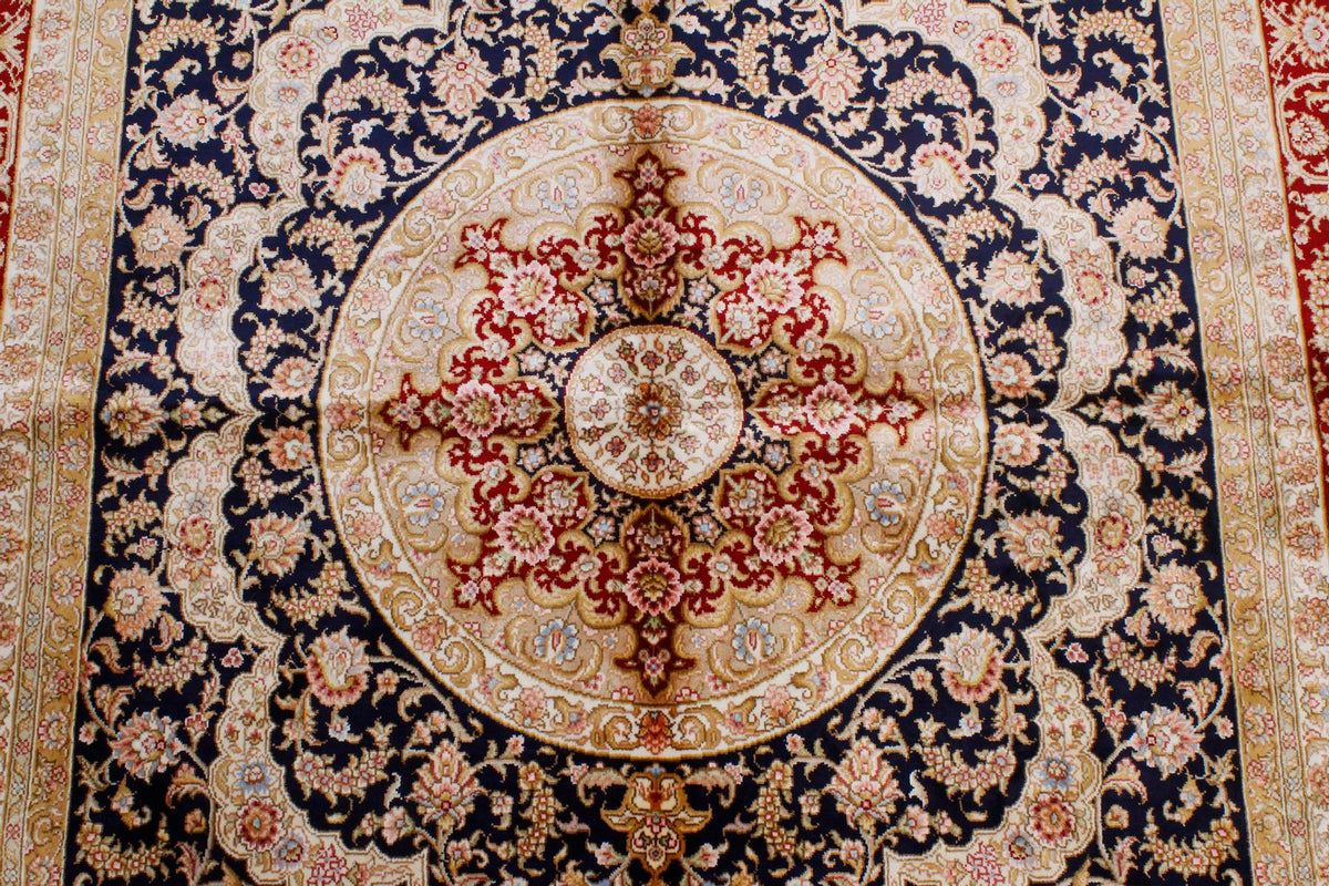 4x6 Navy and Red Turkish Silk Rug