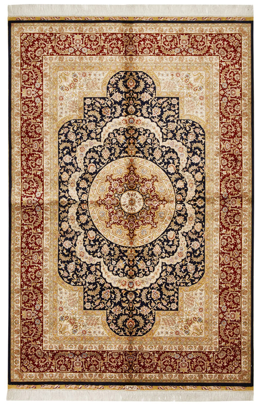4x6 Navy and Red Turkish Silk Rug