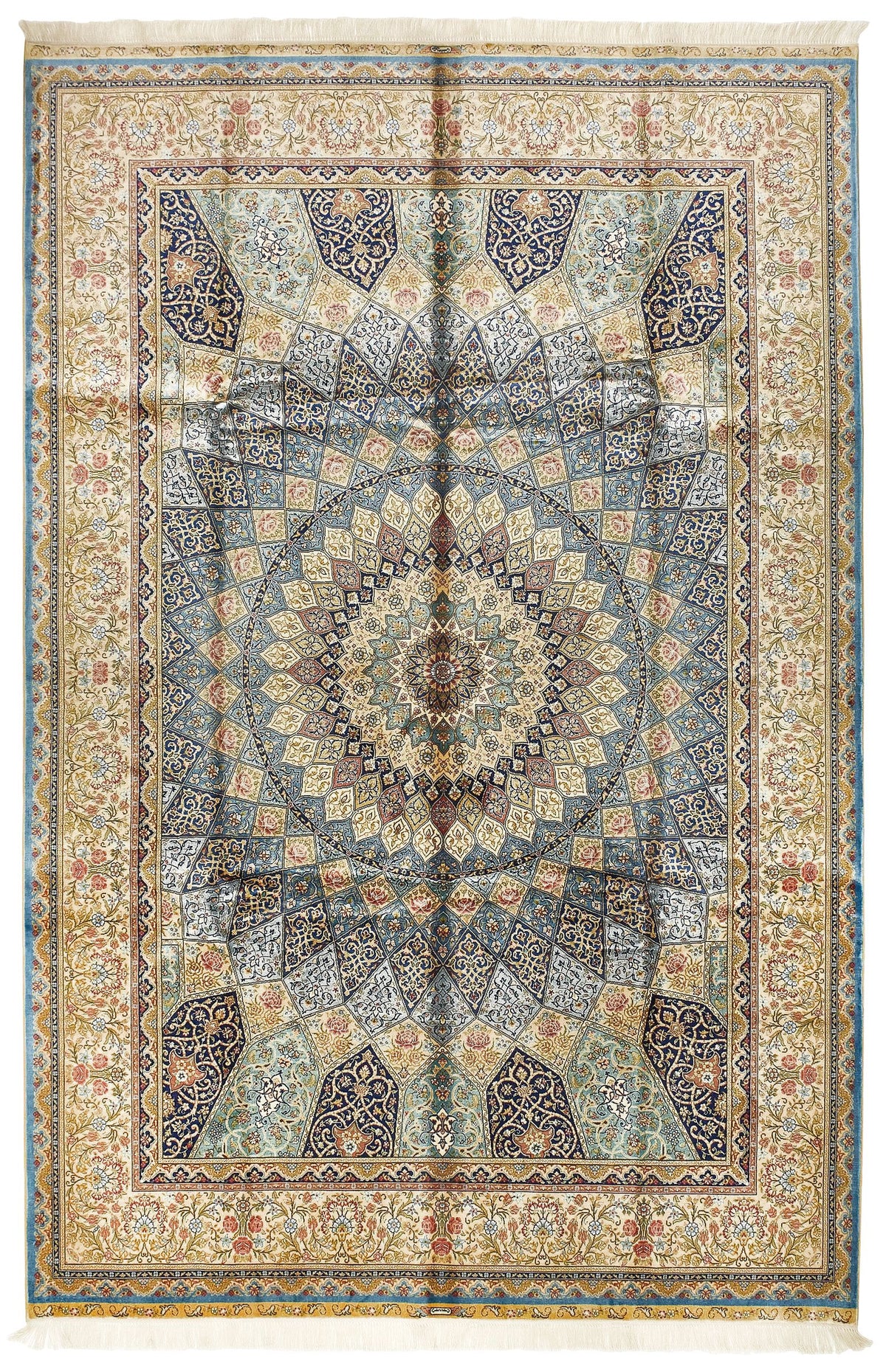 6x9 Ivory and Blue Turkish Silk Rug