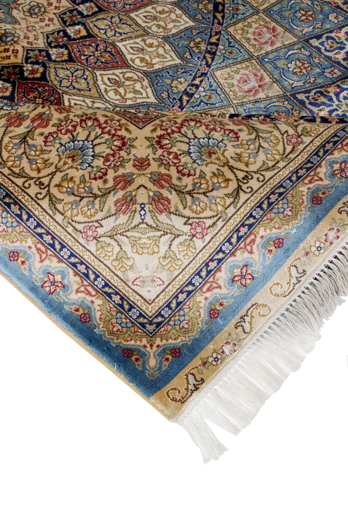 6x9 Ivory and Blue Turkish Silk Rug