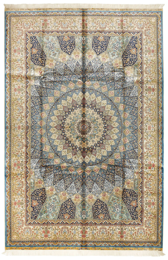 6x9 Ivory and Blue Turkish Silk Rug