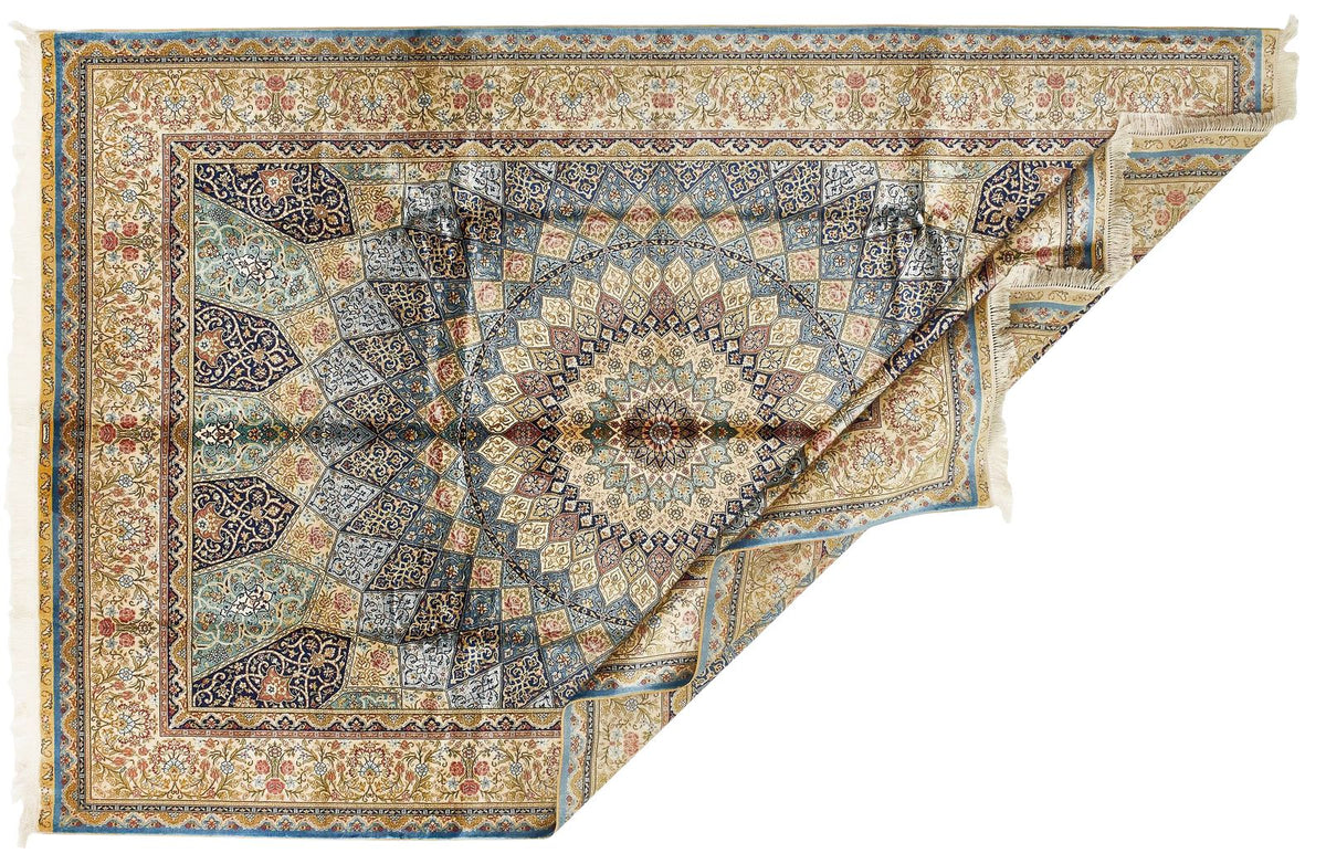 6x9 Ivory and Blue Turkish Silk Rug