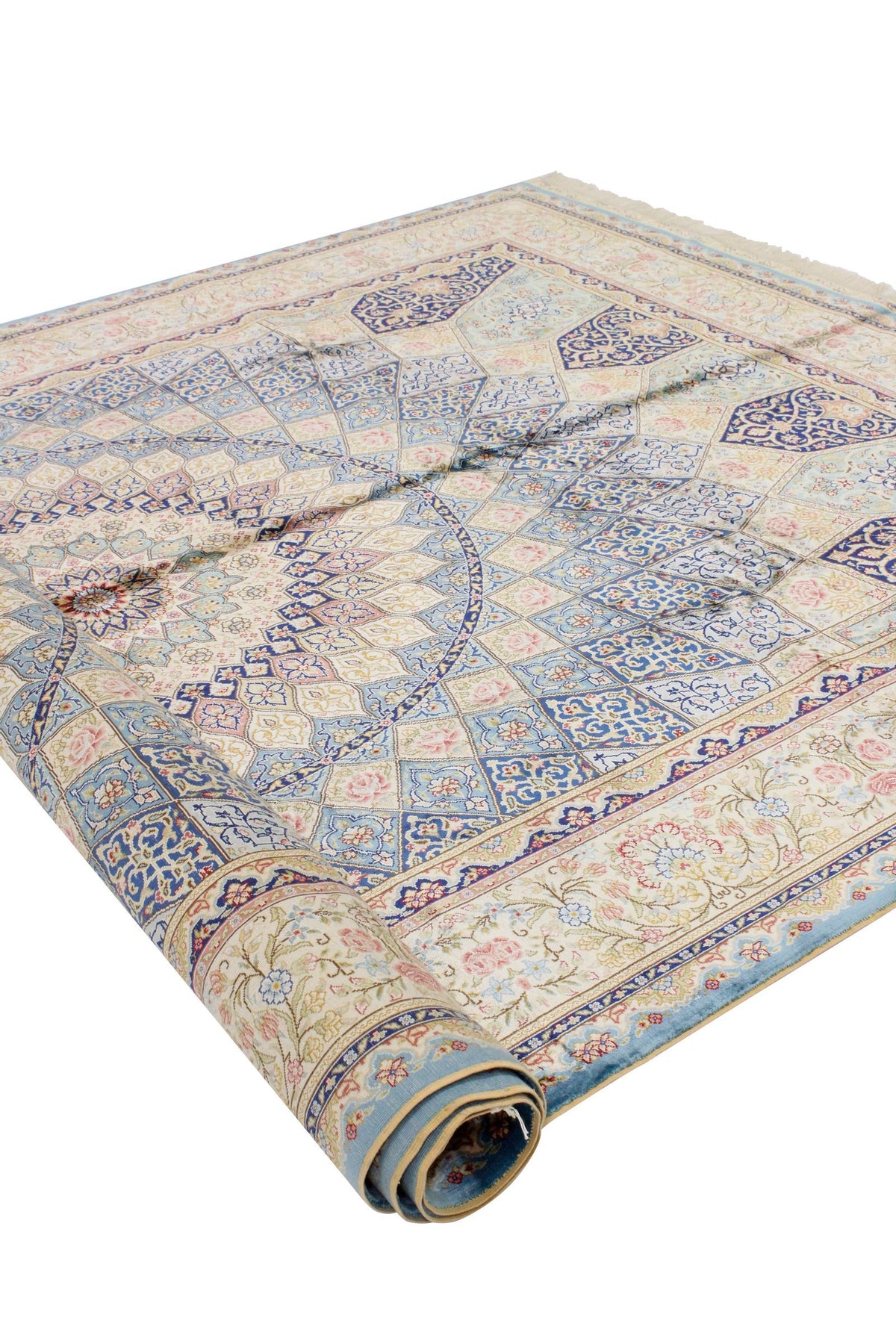 6x9 Ivory and Blue Turkish Silk Rug