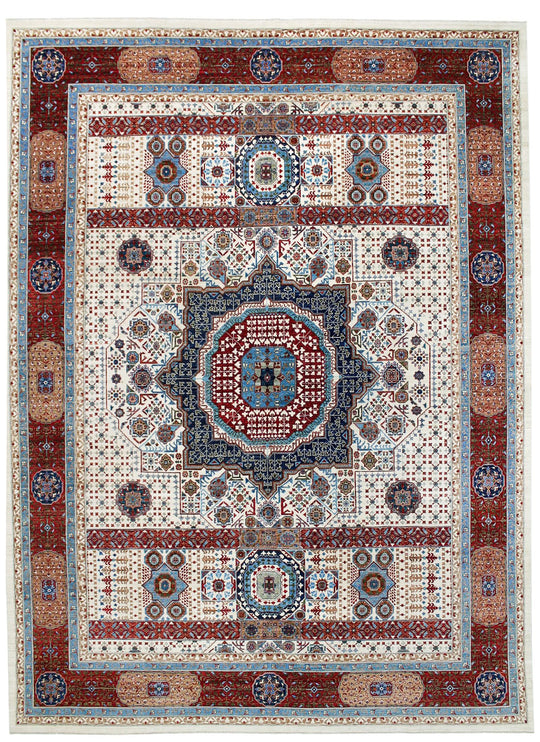 12x16 Ivory and Red Turkish Tribal Rug