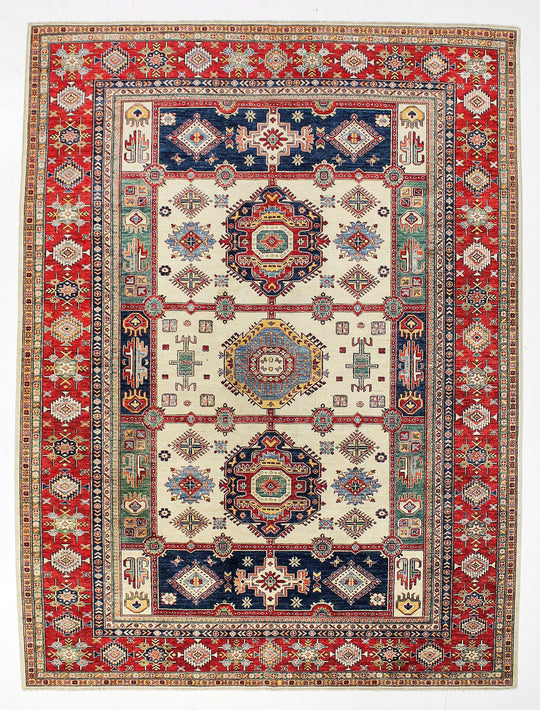 9x12 Ivory and Red Kazak Tribal Rug