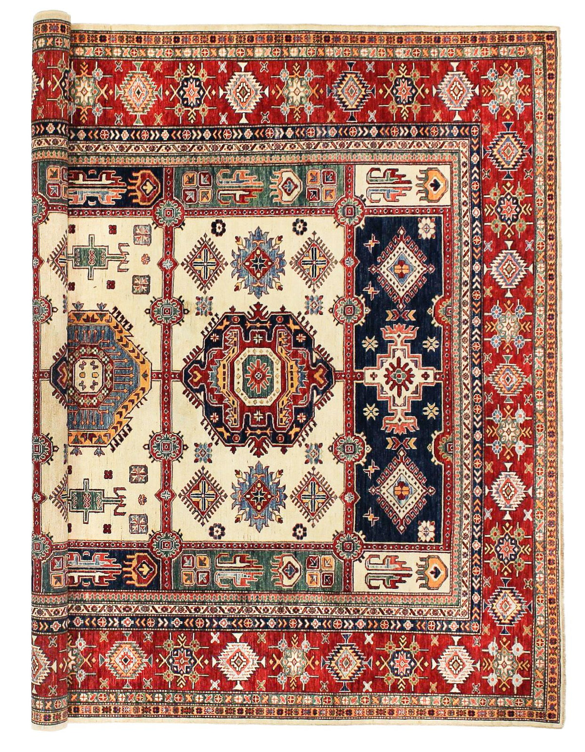 9x12 Ivory and Red Kazak Tribal Rug