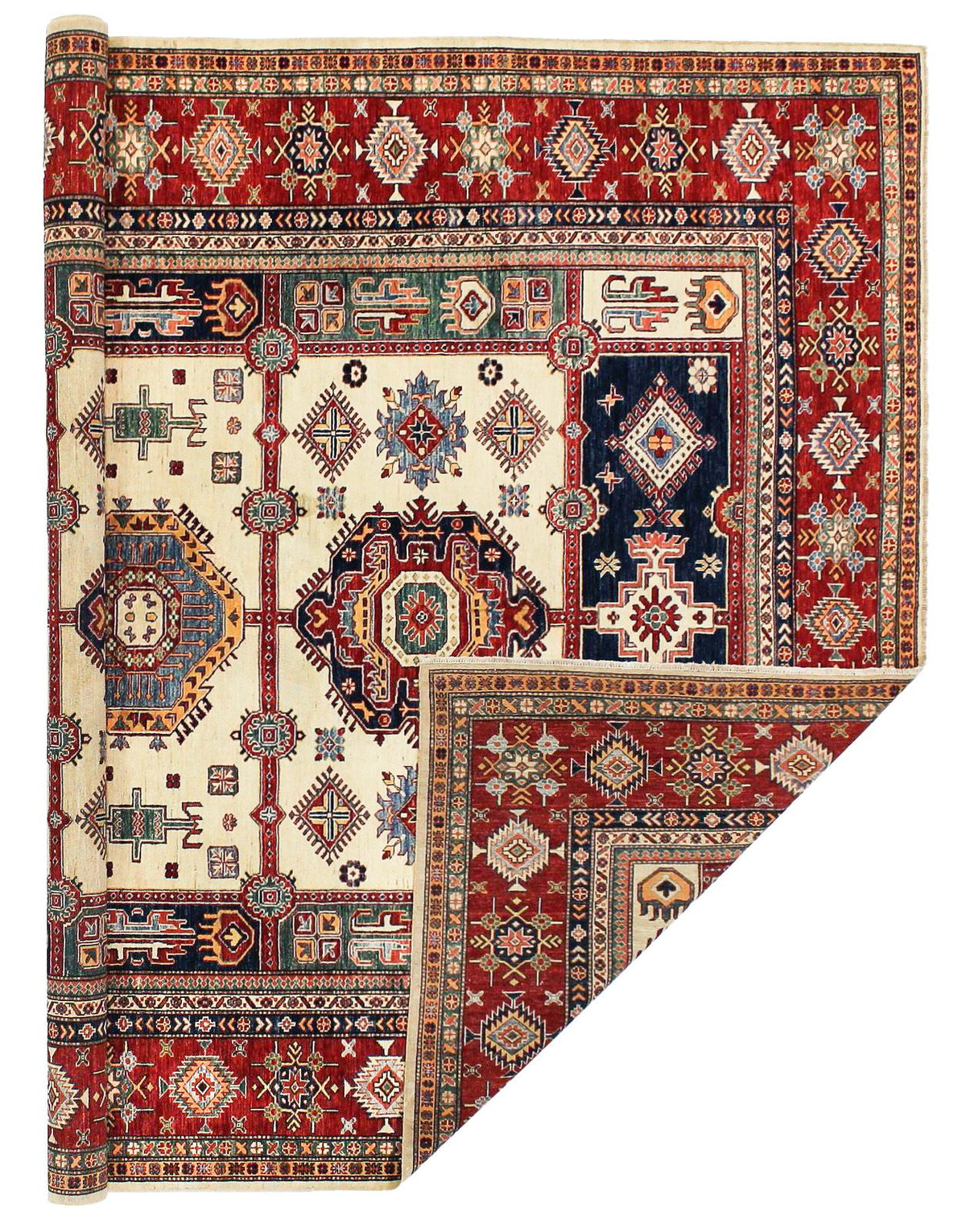 9x12 Ivory and Red Kazak Tribal Rug