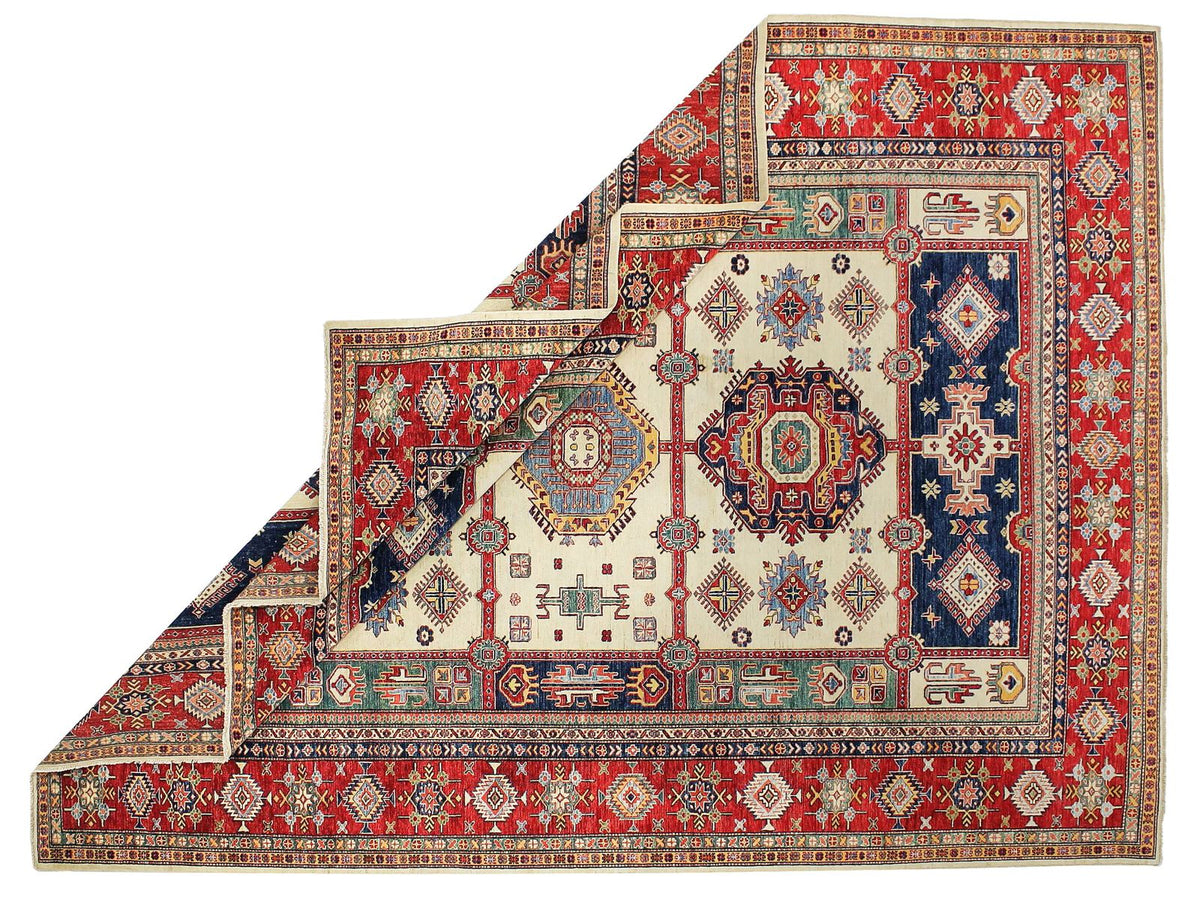 9x12 Ivory and Red Kazak Tribal Rug