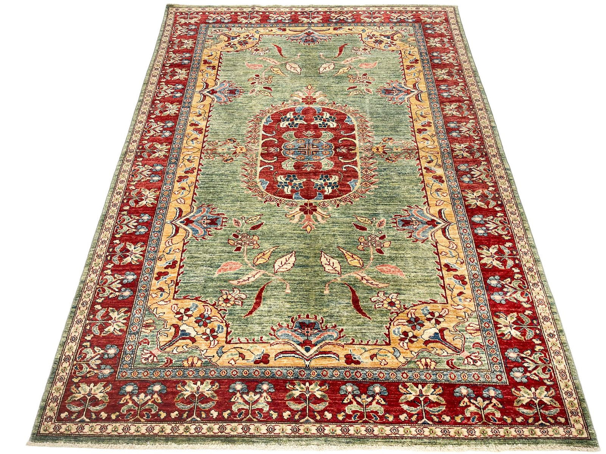 6x8 Green and Red Kazak Tribal Rug