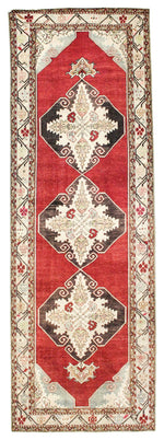 Vintage Handmade 4x11 Red and Ivory Anatolian Turkish Tribal Distressed Area Runner