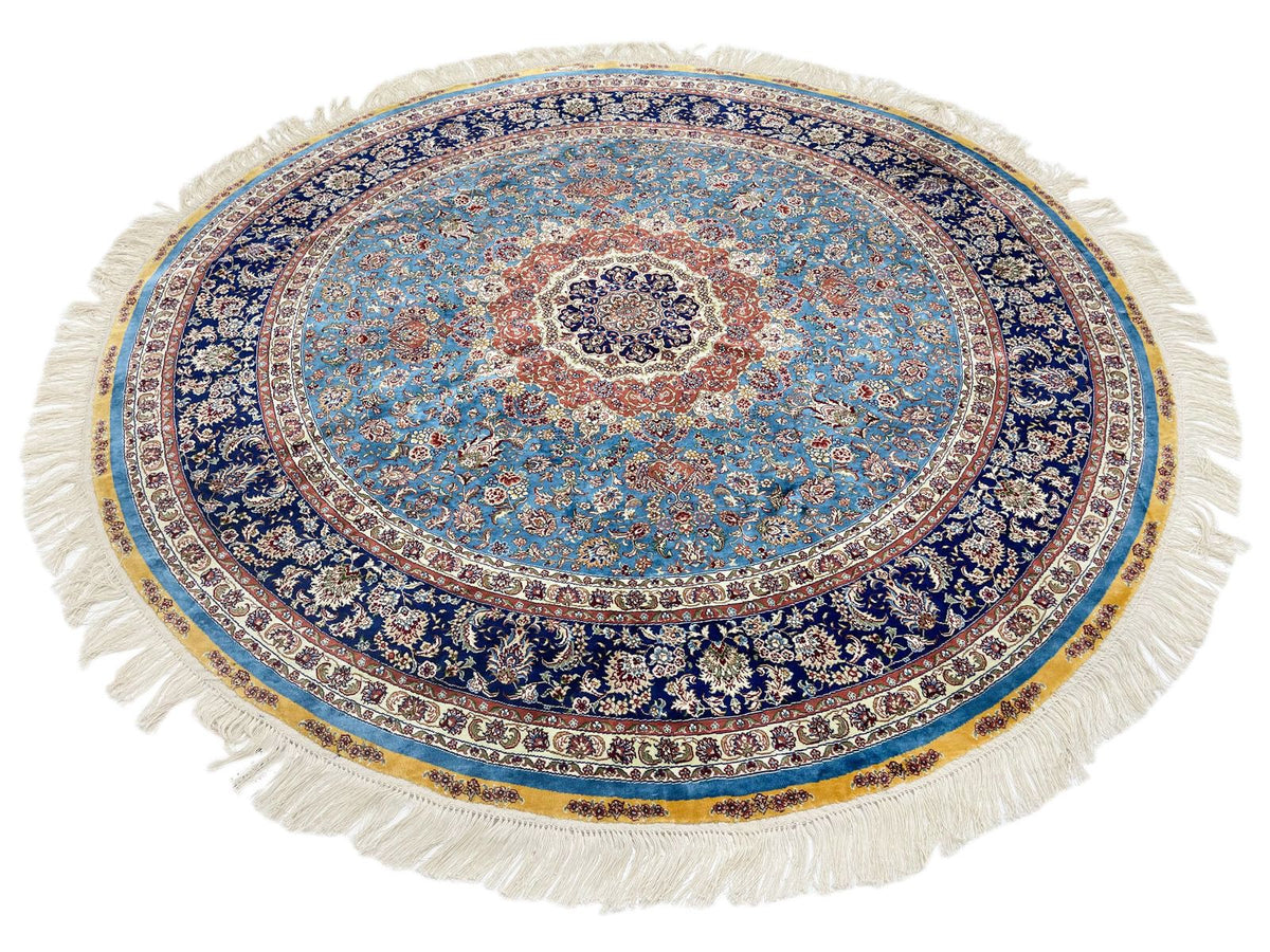 6x6 Blue and Navy Turkish Silk Rug