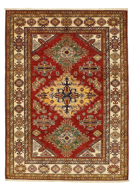 5x7 Red and Ivory Kazak Tribal Rug