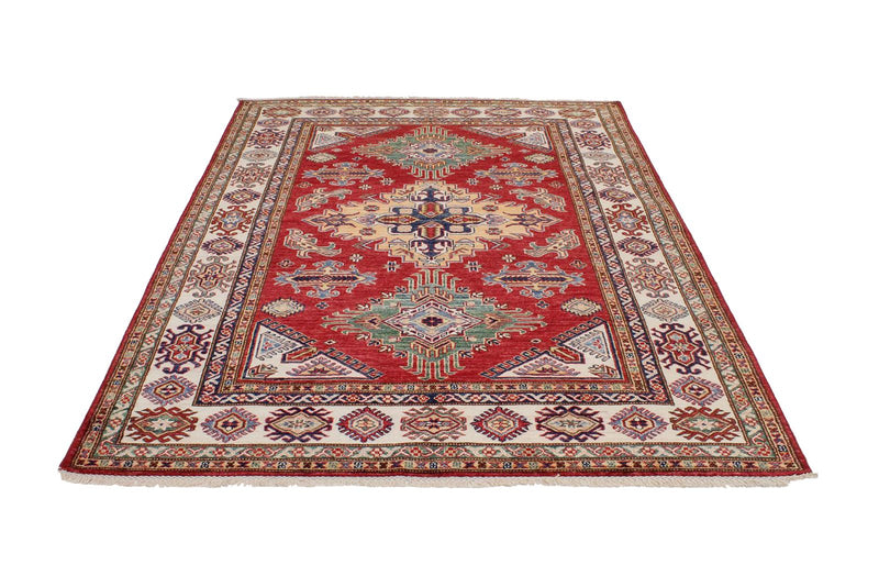 5x7 Red and Ivory Kazak Tribal Rug