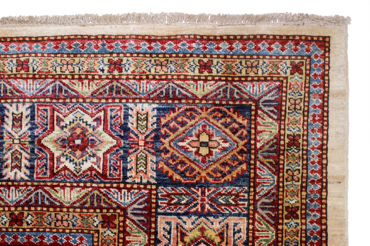 8x10 Ivory and Navy Kazak Tribal Rug