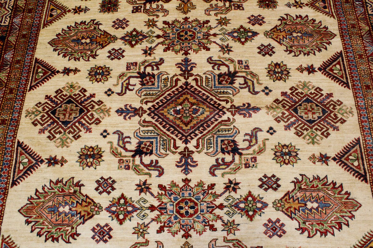 8x10 Ivory and Navy Kazak Tribal Rug