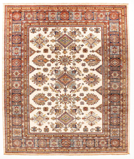8x10 Ivory and Navy Kazak Tribal Rug