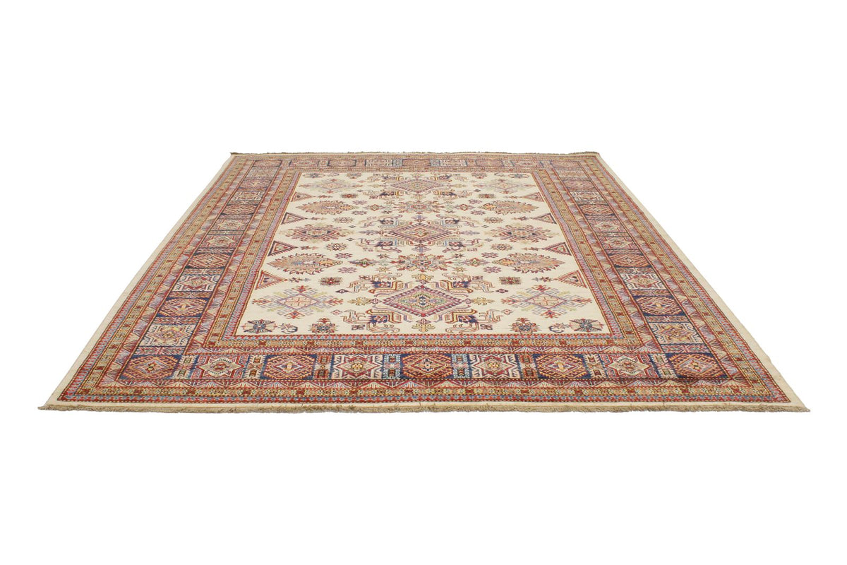 8x10 Ivory and Navy Kazak Tribal Rug