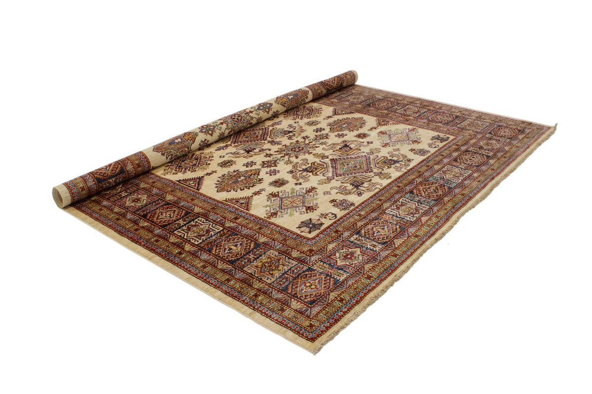 8x10 Ivory and Navy Kazak Tribal Rug