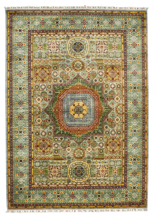 7x10 Multicolor and Green Turkish Tribal Rug