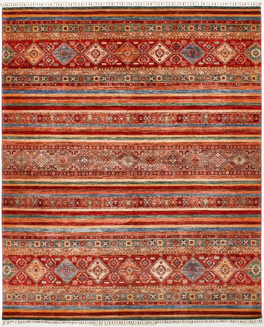 8x10 Red and Multicolor Green Tribal Rug