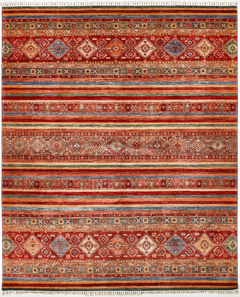 8x10 Red and Multicolor Green Tribal Rug