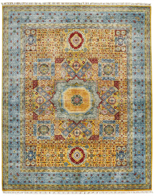 8x9 Yellow and Blue Turkish Tribal Rug