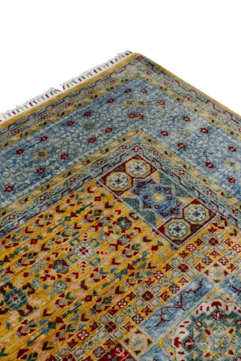 Vintage Handmade 8x9 Yellow and Blue Anatolian Turkish Traditional Distressed Area Rug