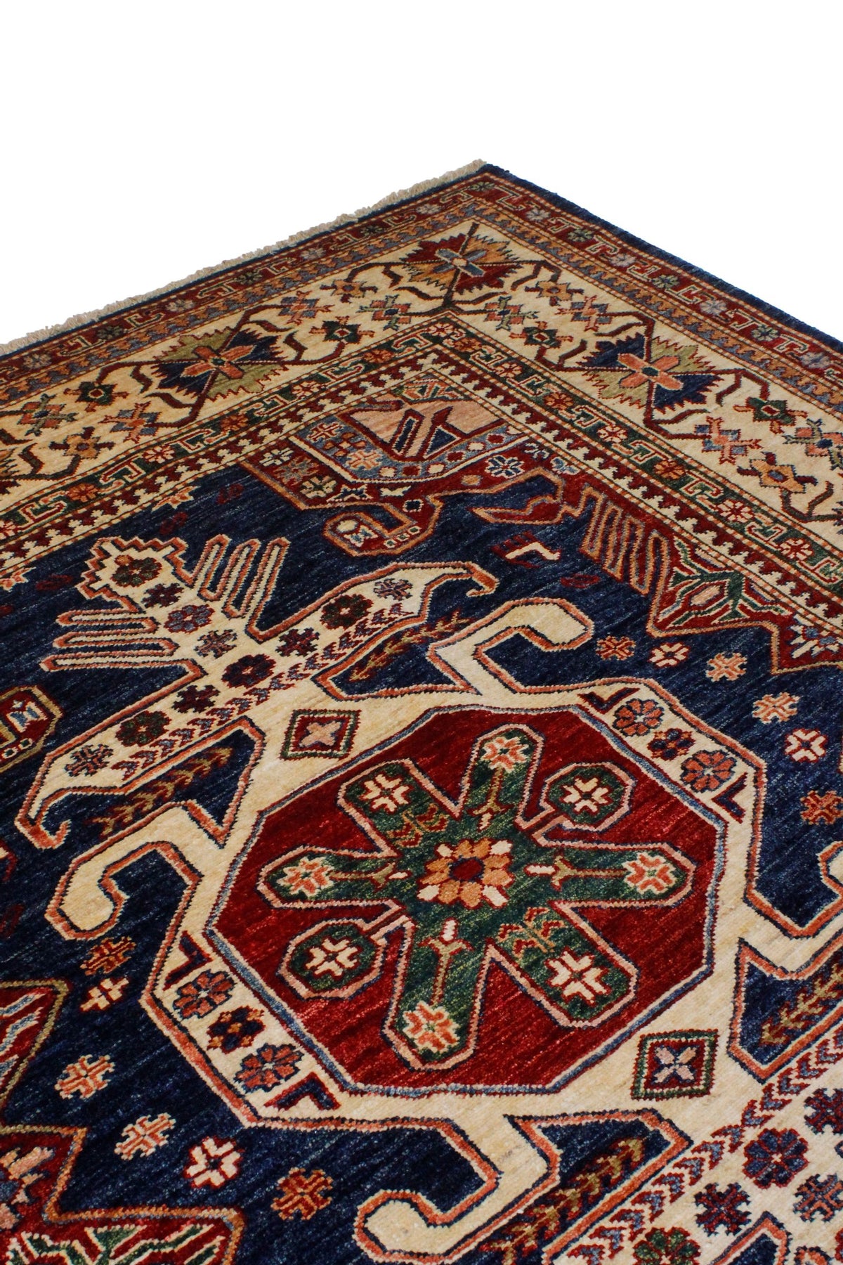 8x10 Navy and Ivory Kazak Tribal Rug