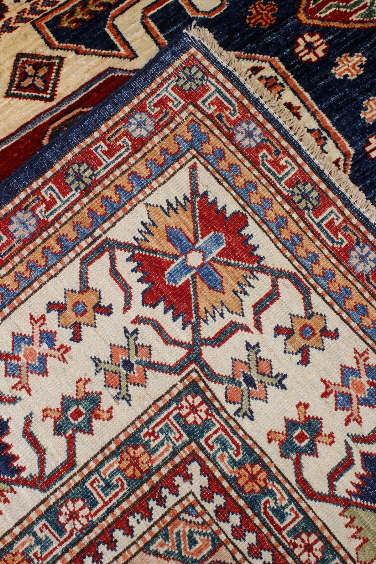 8x10 Navy and Ivory Kazak Tribal Rug