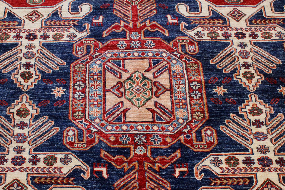 8x10 Navy and Ivory Kazak Tribal Rug