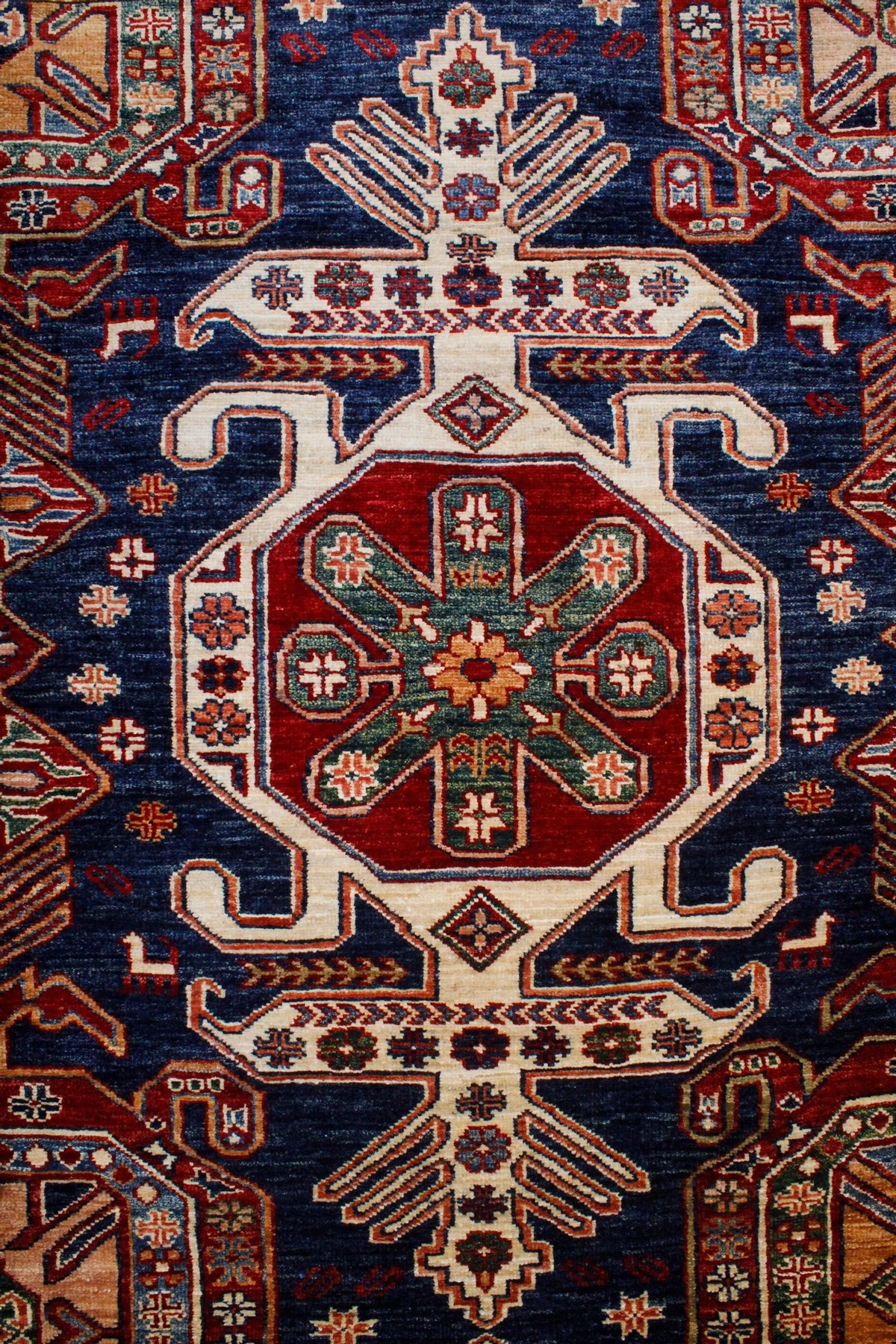 8x10 Navy and Ivory Kazak Tribal Rug