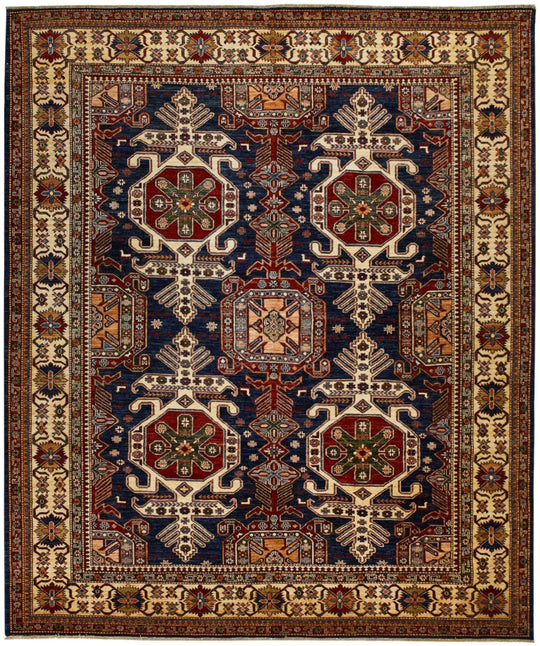 8x10 Navy and Ivory Kazak Tribal Rug