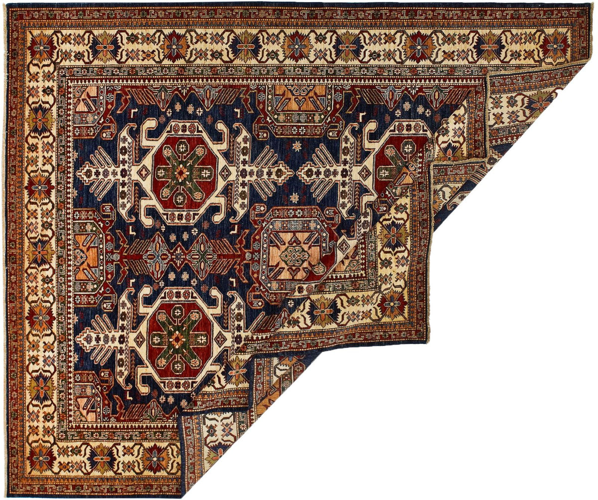 8x10 Navy and Ivory Kazak Tribal Rug