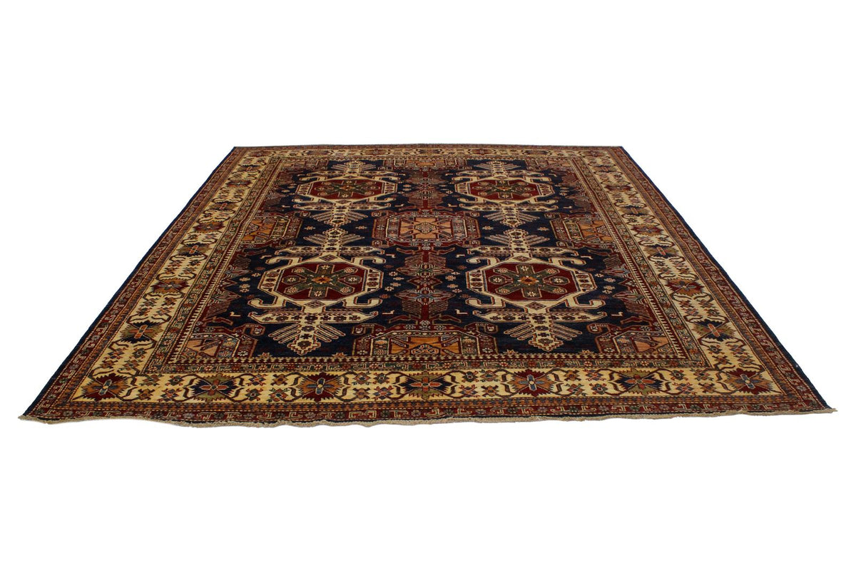 8x10 Navy and Ivory Kazak Tribal Rug