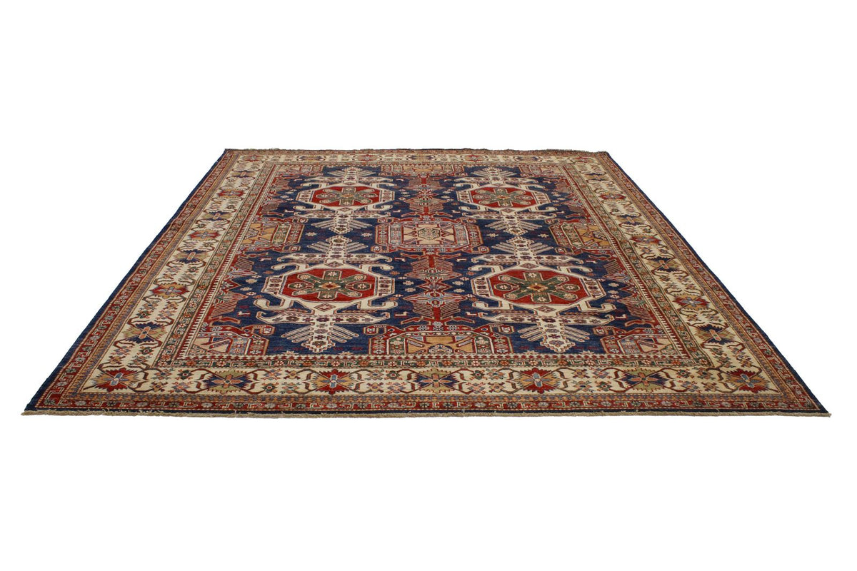 8x10 Navy and Ivory Kazak Tribal Rug