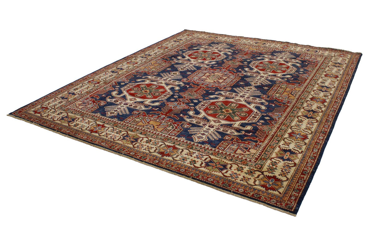 8x10 Navy and Ivory Kazak Tribal Rug