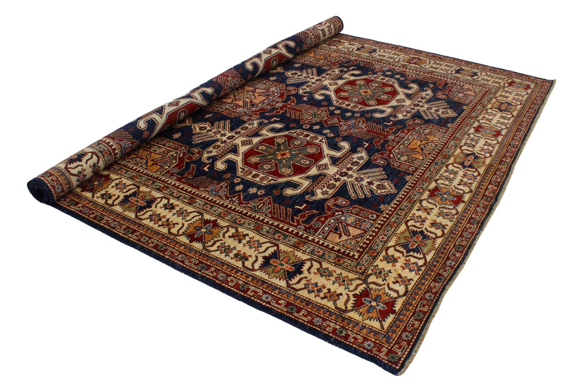 8x10 Navy and Ivory Kazak Tribal Rug