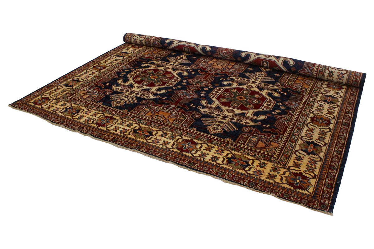 8x10 Navy and Ivory Kazak Tribal Rug