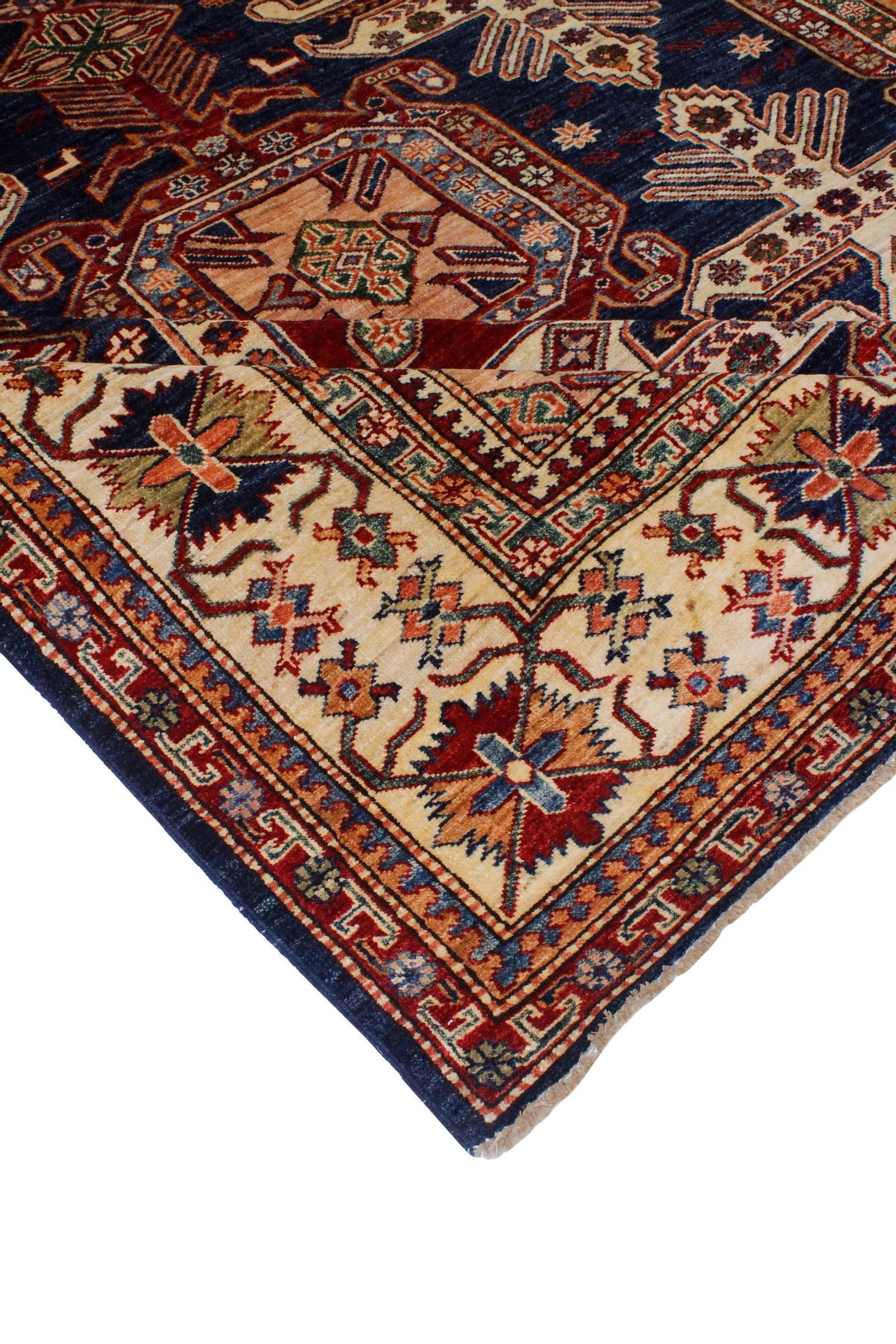 8x10 Navy and Ivory Kazak Tribal Rug