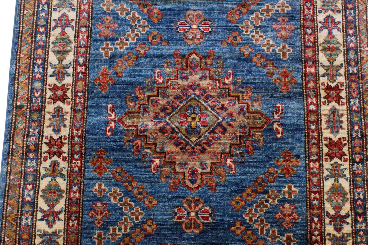 3x10 Blue and Ivory Kazak Tribal Runner