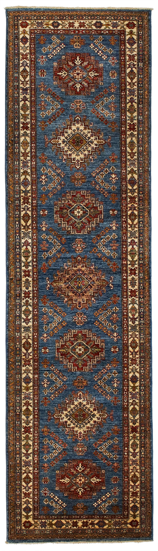 3x10 Blue and Ivory Kazak Tribal Runner