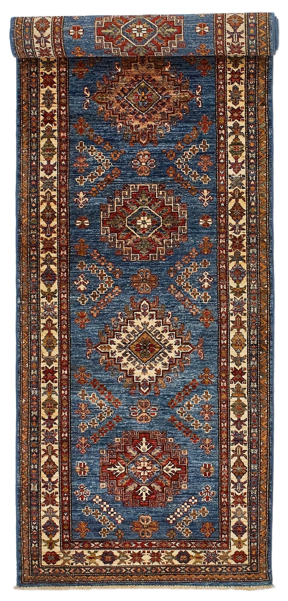 3x10 Blue and Ivory Kazak Tribal Runner