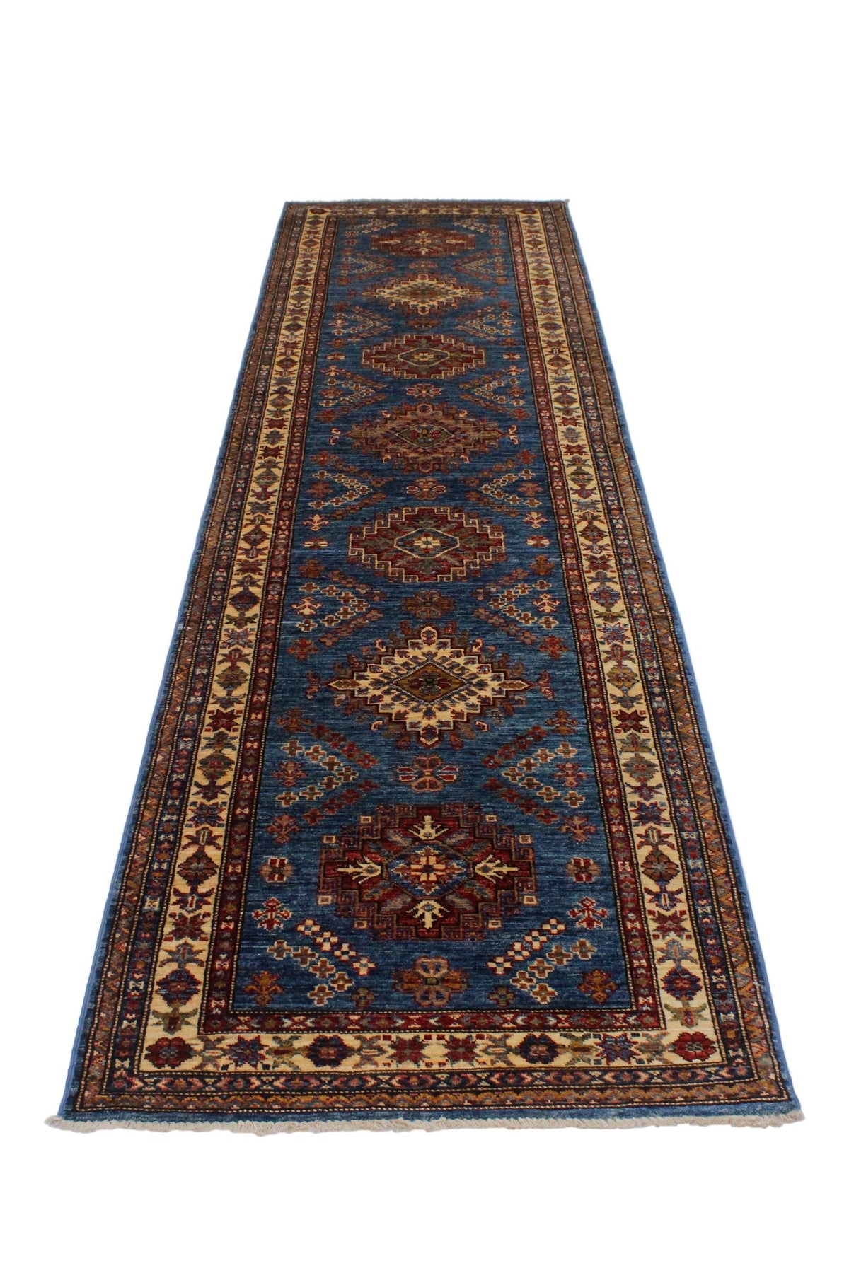 3x10 Blue and Ivory Kazak Tribal Runner