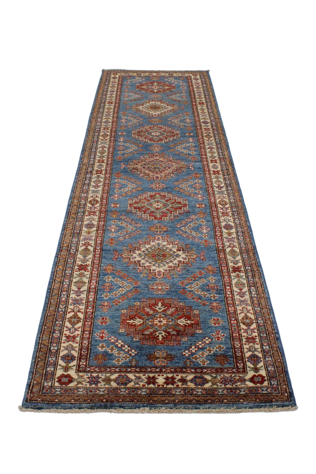 3x10 Blue and Ivory Kazak Tribal Runner