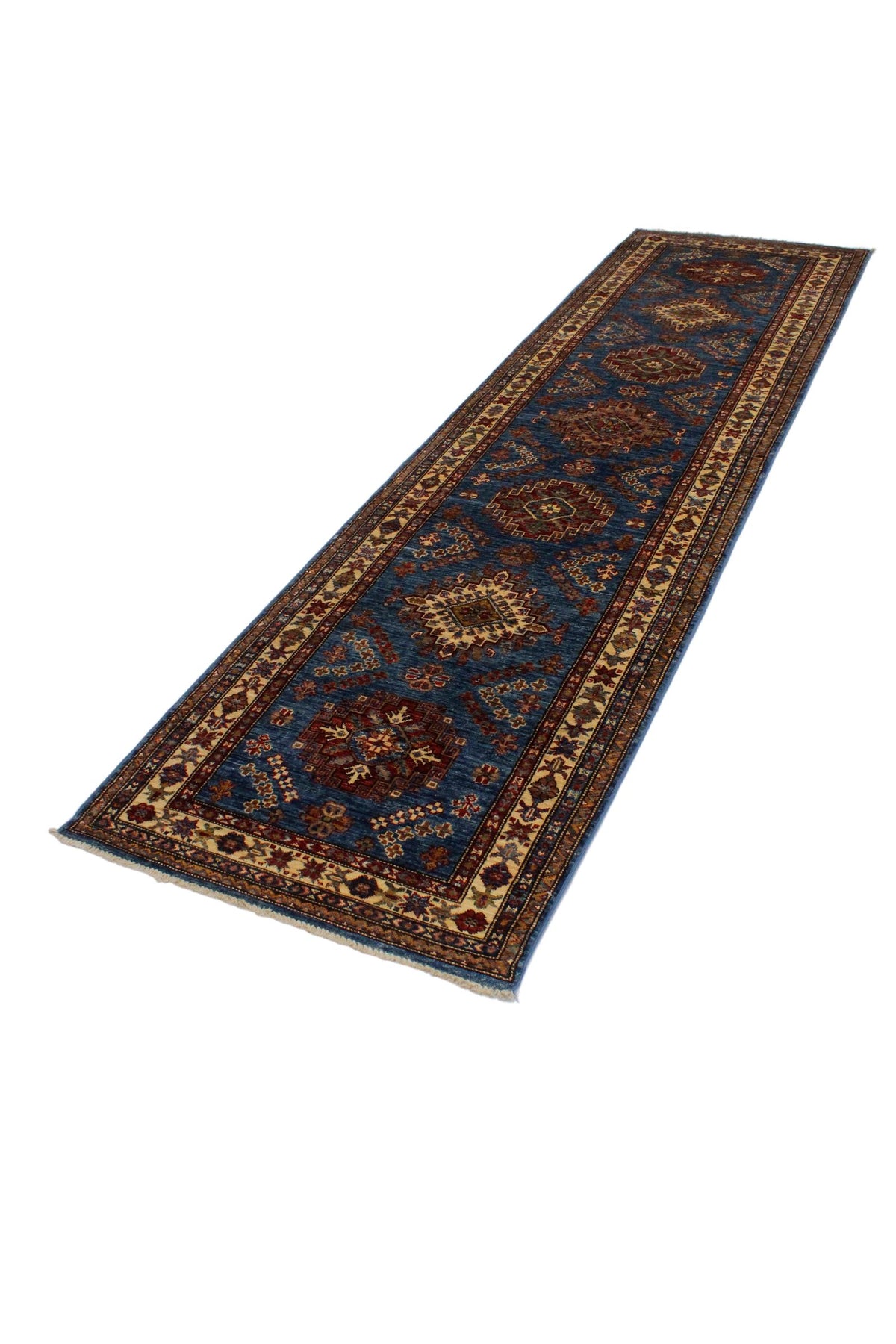 3x10 Blue and Ivory Kazak Tribal Runner